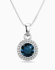 Round London Blue Topaz Halo Pendant | Sterling Silver
