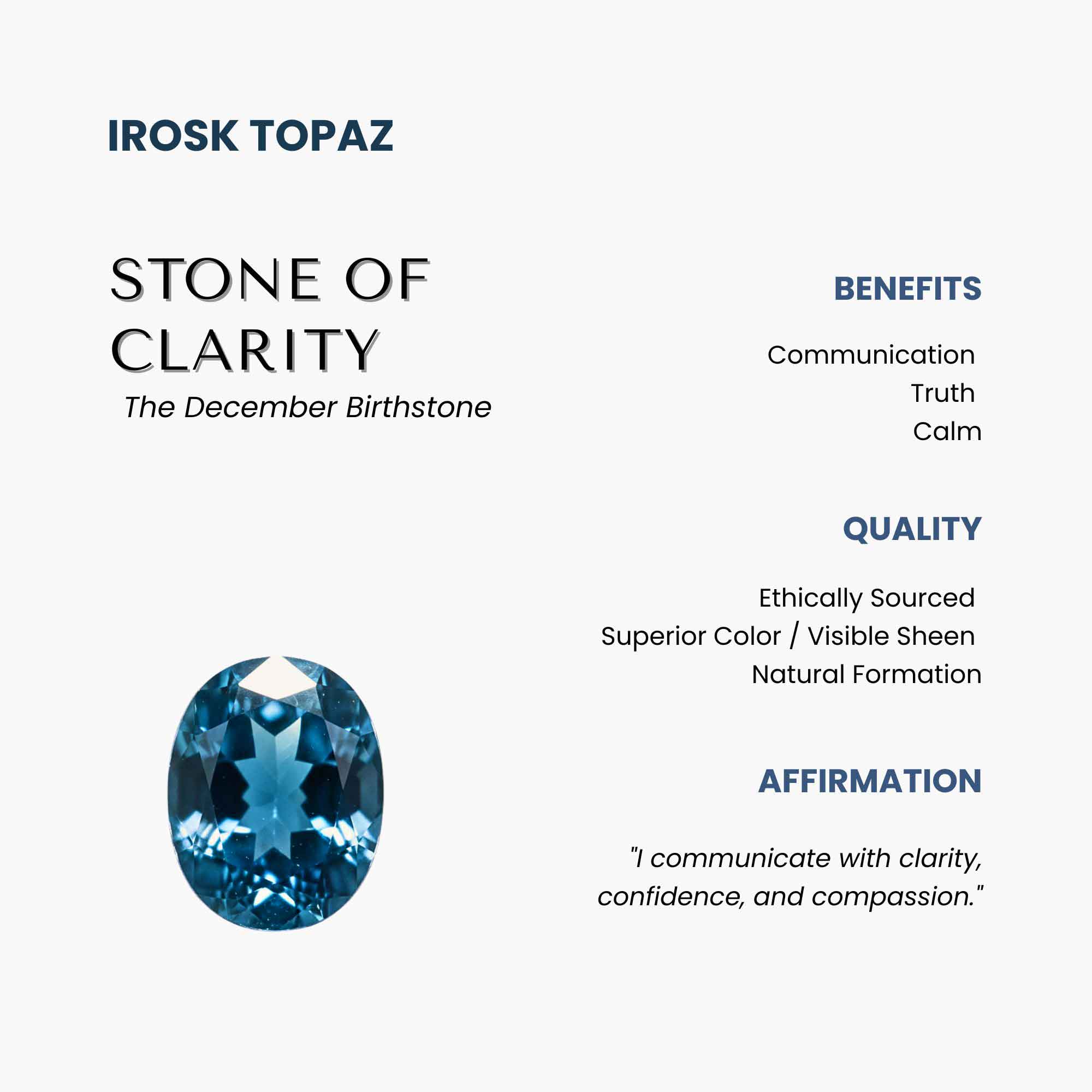 Irosk Topaz stone with its benefits, quality, and affirmation on a white background