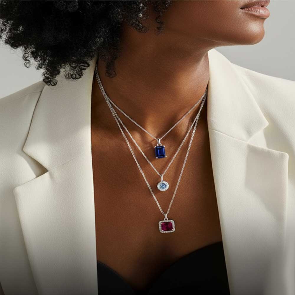 Woman wearing multiple necklaces with gemstone pendants against a neutral background