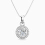 Silver necklace with a round moissanite diamond pendant on a white background