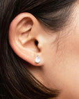 Delicate pear-cut moonstone stud worn on ear – minimalist moonstone earring in silver for everyday wear