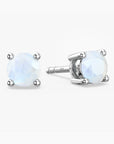 Pair of silver stud earrings with round gemstones on a white background