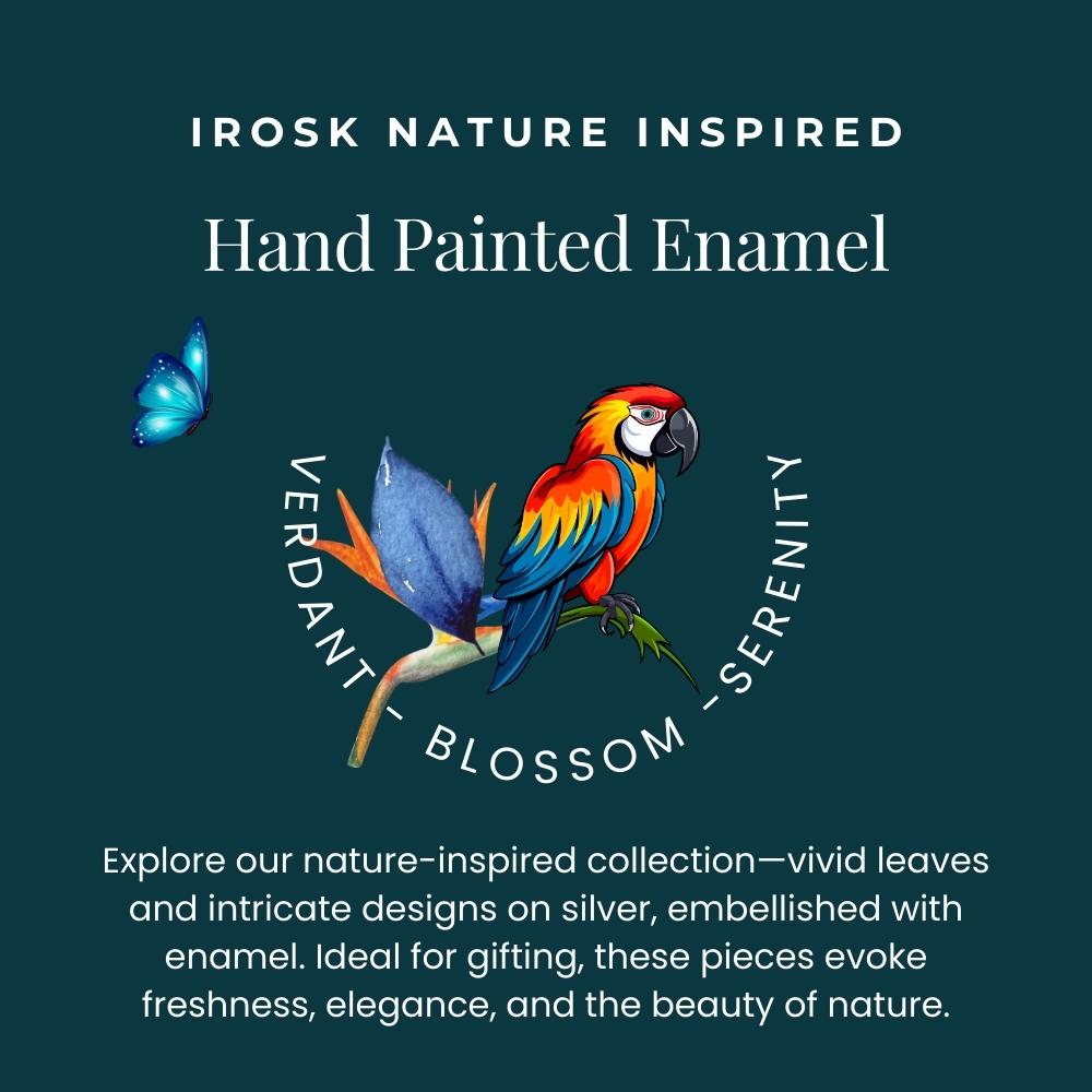 text describing abut hand painted enamel collection with a photoof parrot