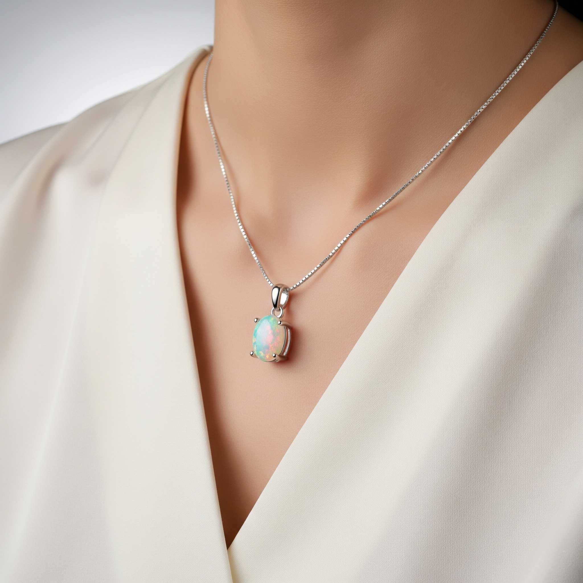 Radiant Oval White Opal Pendant Necklace in 925 Sterling Silver – Irosk ®