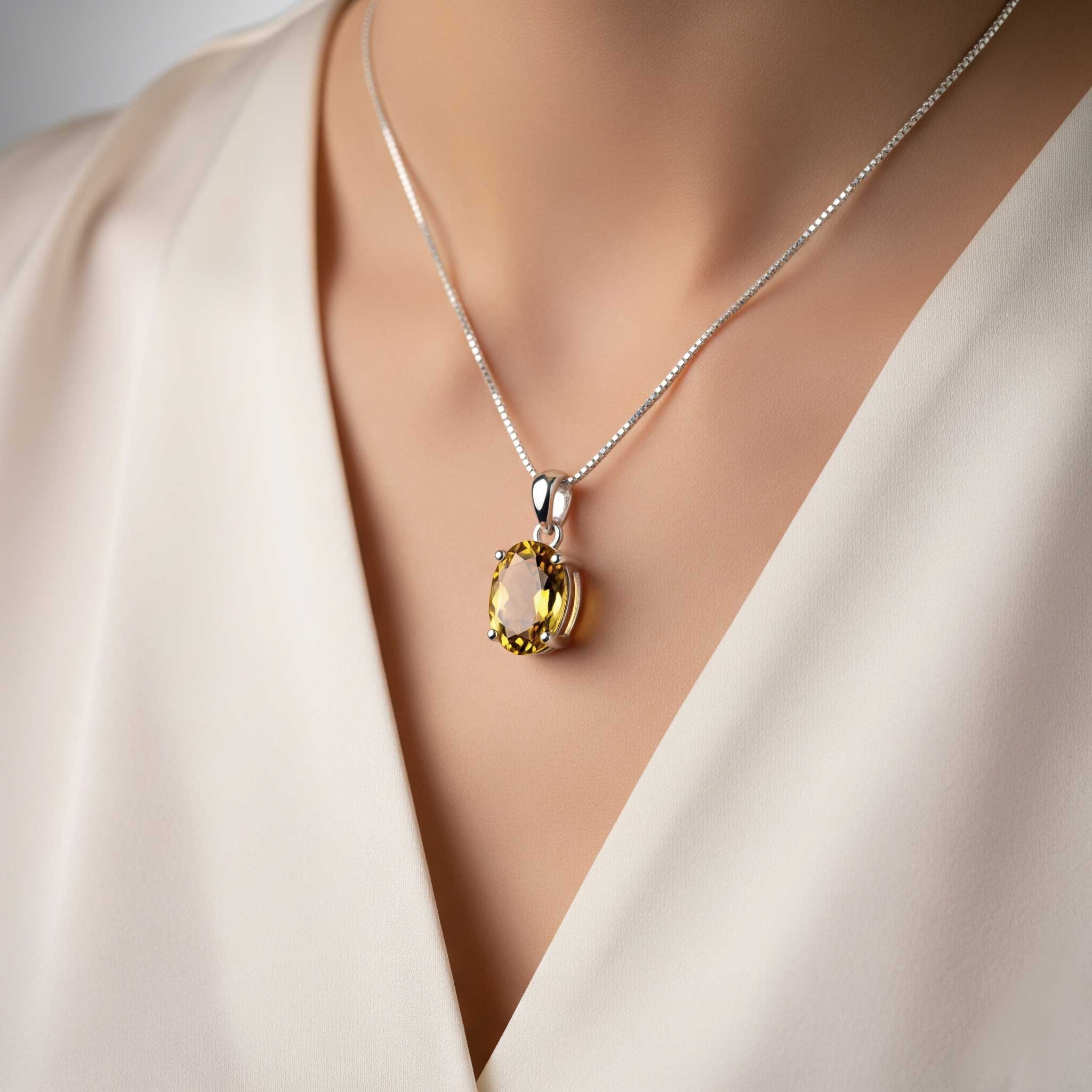 Necklace with a yellow gemstone pendant on a mannequin wearing a white top.