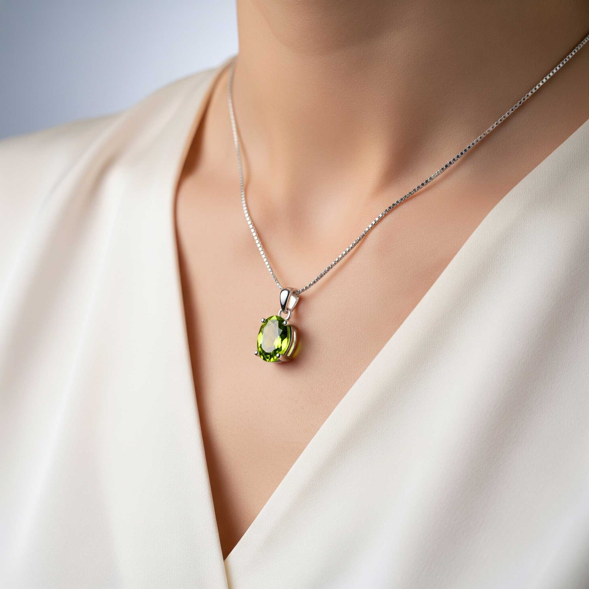 Necklace with a green peridot pendant on a mannequin wearing a white top