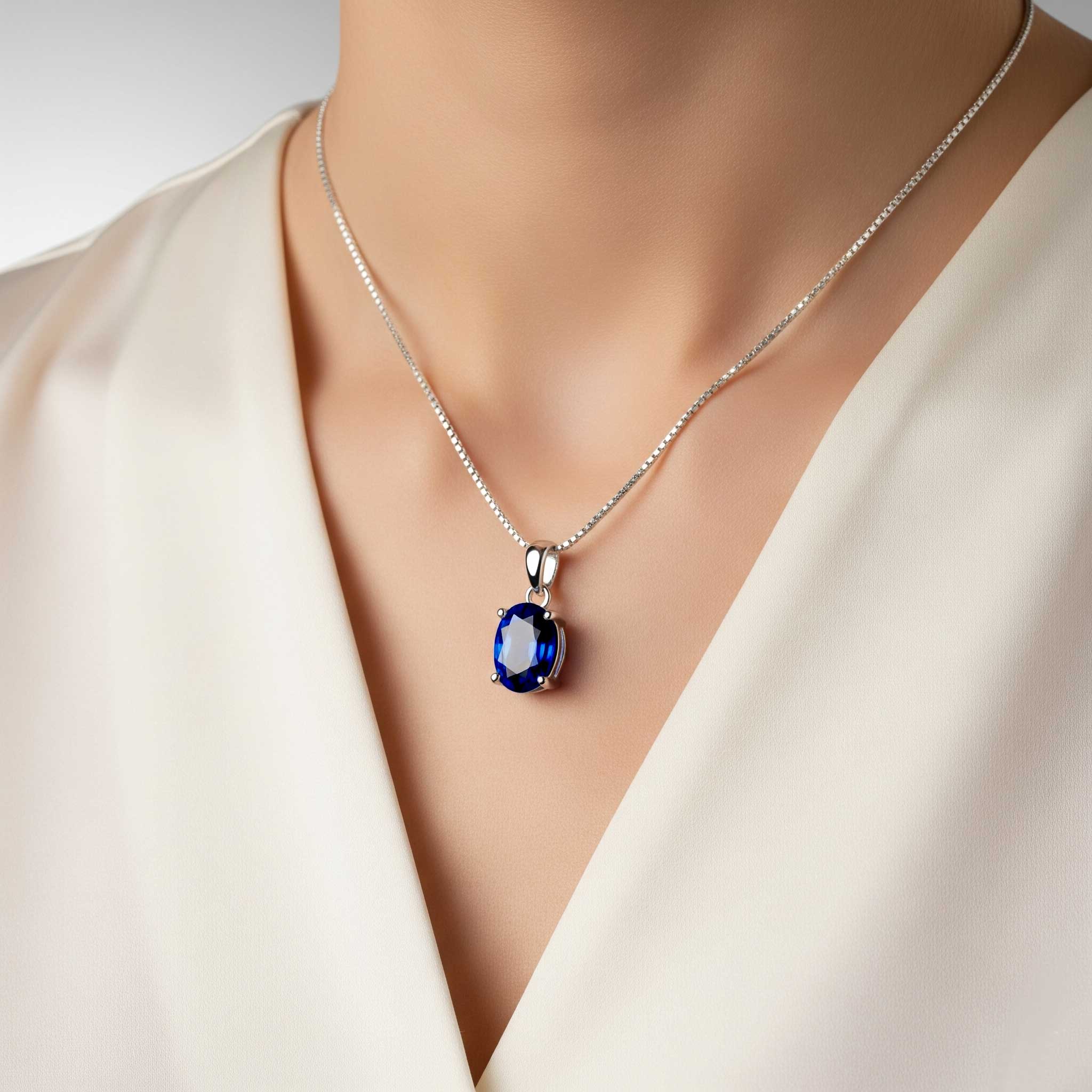 Necklace with a blue pendant on a mannequin wearing a white blouse