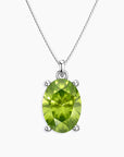 Silver oval peridot pendant necklace with rhodium finish on box chain – August birthstone jewelry