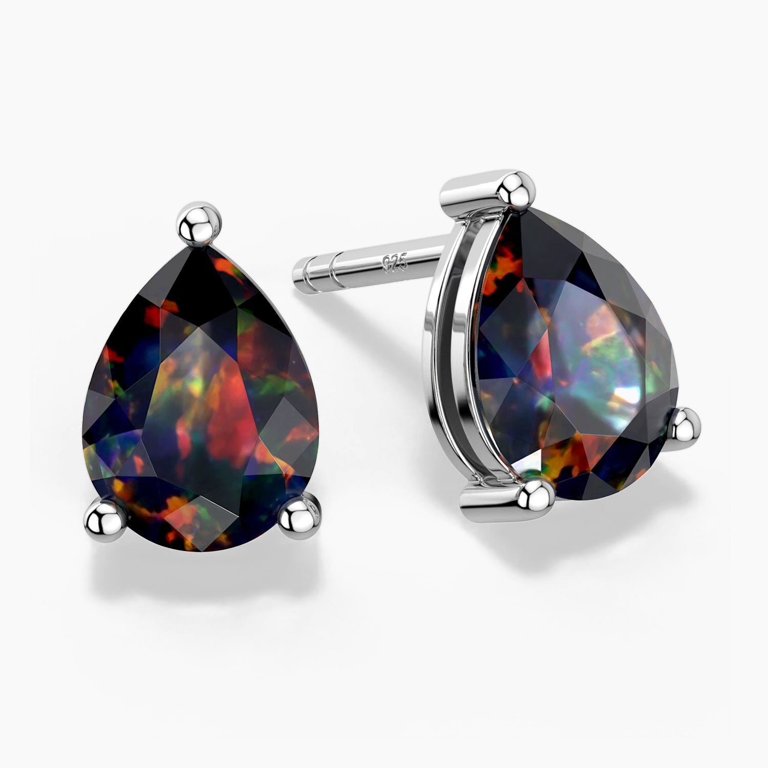 Pear-shaped black opal stud earrings in sterling silver, featuring vibrant multicolour fire and a three-prong setting.