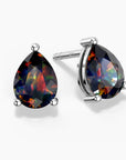 Two pear-shaped black opal stud earrings in three-prong sterling silver settings—one shown head-on and the other at a slight angle—displaying vivid flashes of red, green, and blue play-of-color against the opals’ dark base on a white background.
