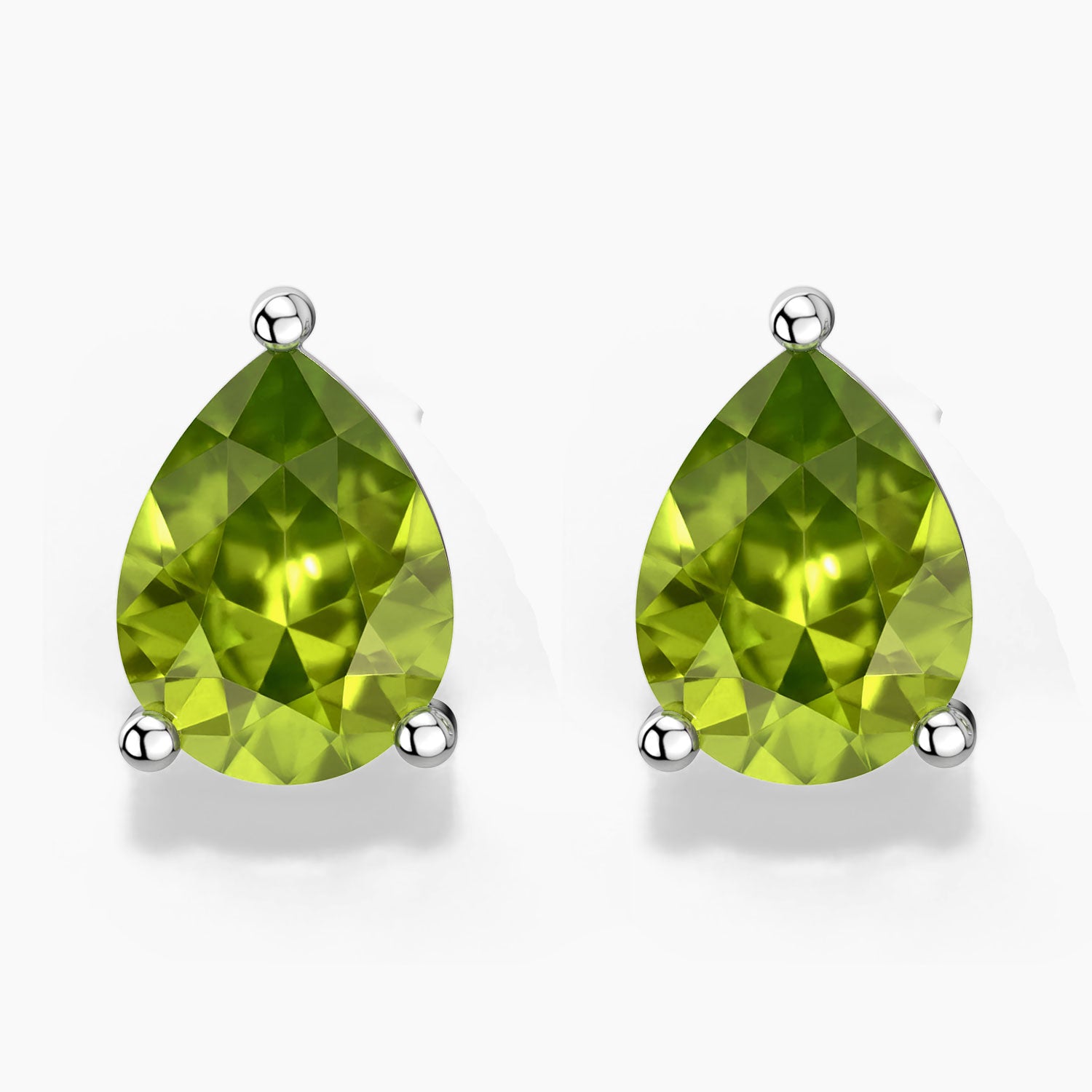 Pear-shaped peridot stud earrings in sterling silver, shown in front and side views.