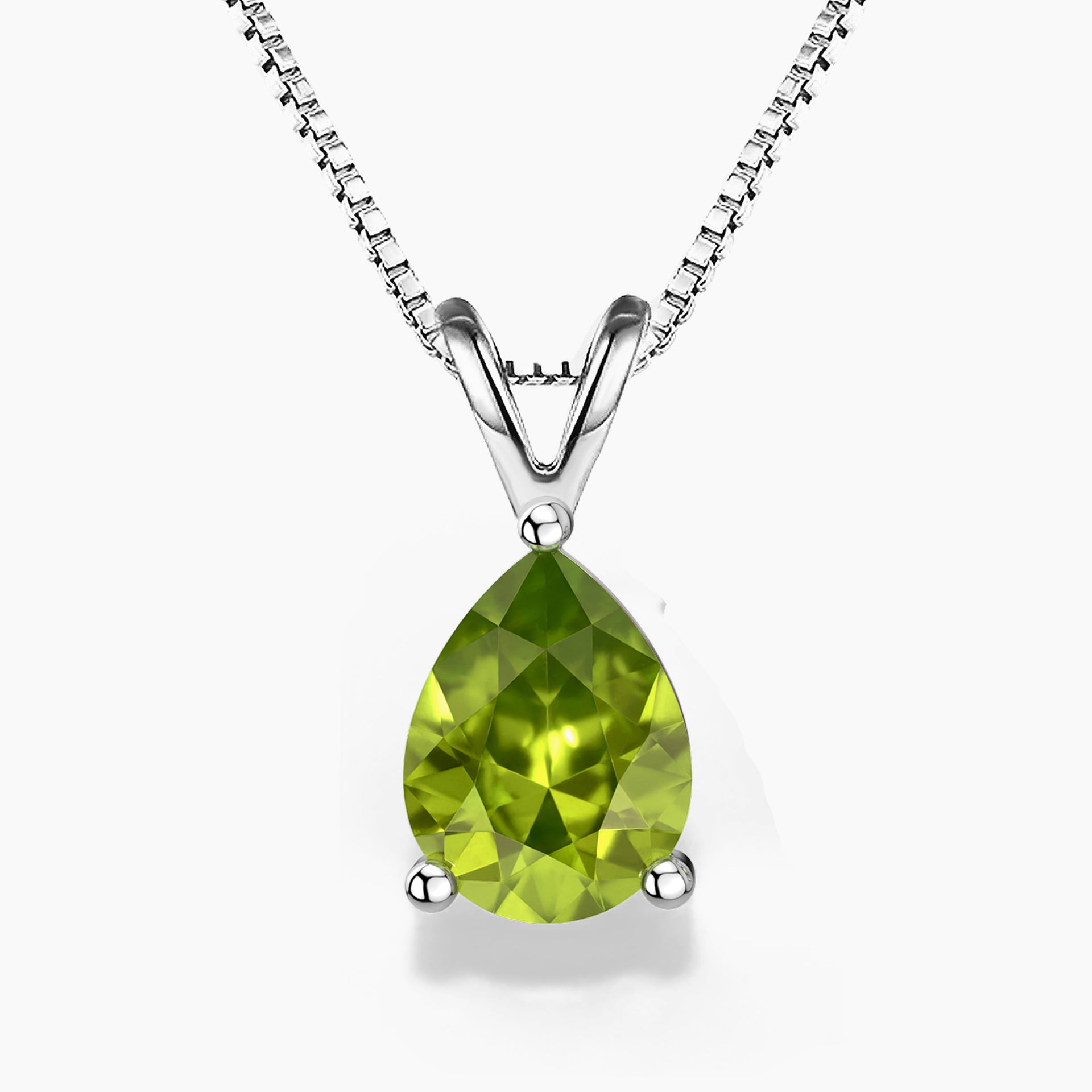 Elegant pear-shaped peridot pendant in sterling silver on a fine box chain.