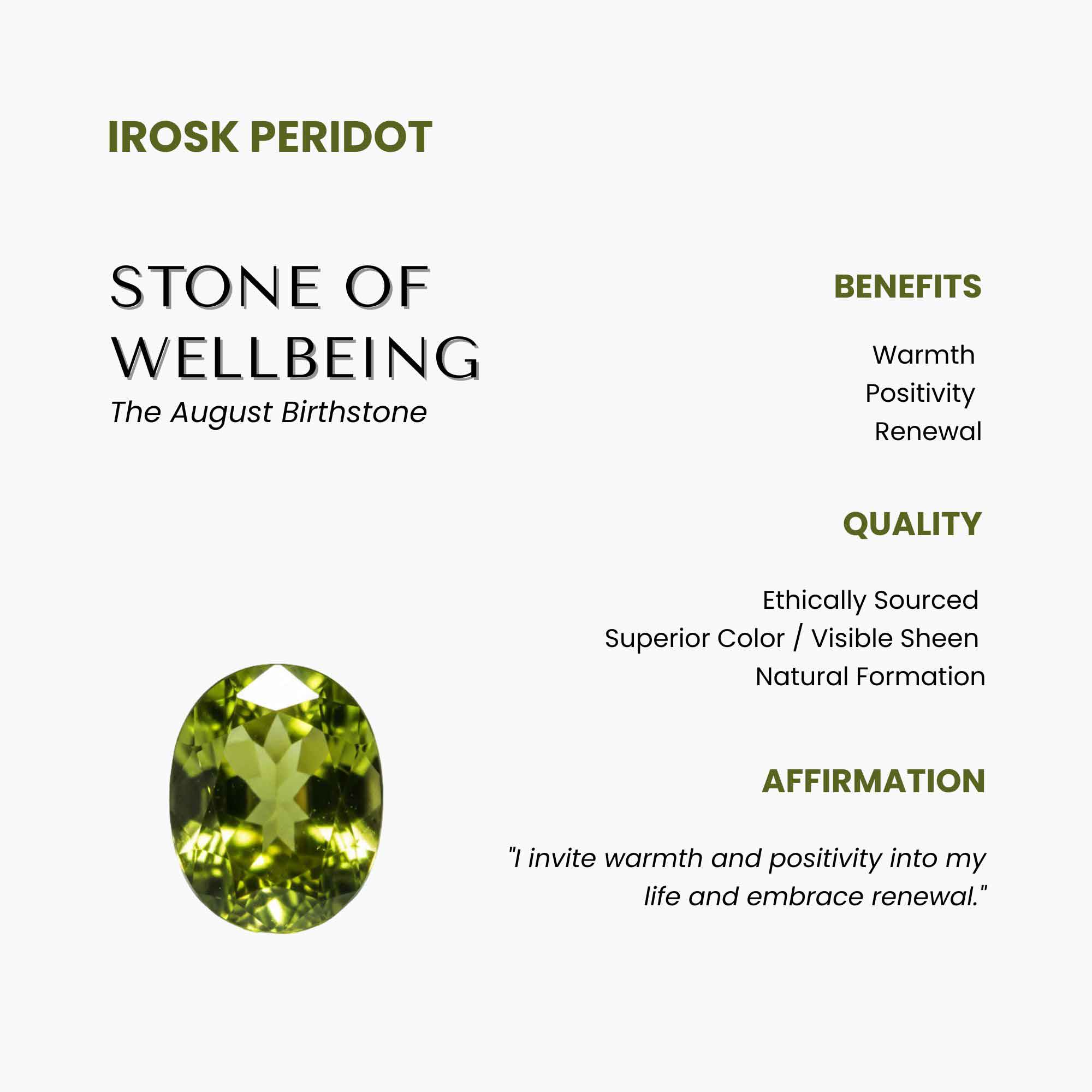 Irosk Peridot stone with information on benefits, quality, and affirmation on a white background