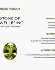 Irosk Peridot stone with information on benefits, quality, and affirmation on a white background