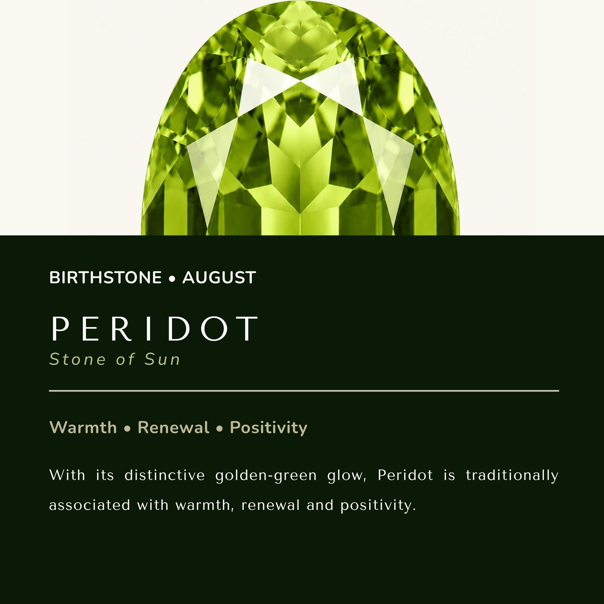 graphic for peridot gemstone, showing a large faceted green peridot cut above a dark green text panel that reads 'BIRTHSTONE • AUGUST PERIDOT Stone of Sun' with descriptive text below.