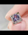 Video preview of Alexandrite square stud earrings showing gemstone sparkle and detailed frame