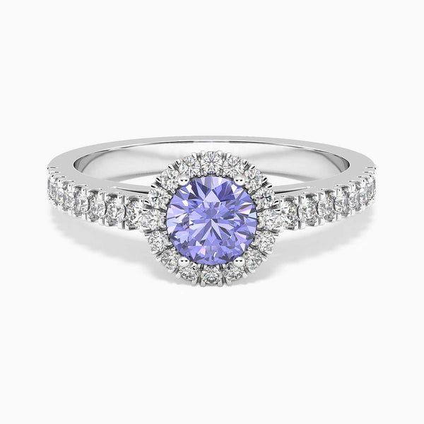 top view of tanzanite round cut halo ring