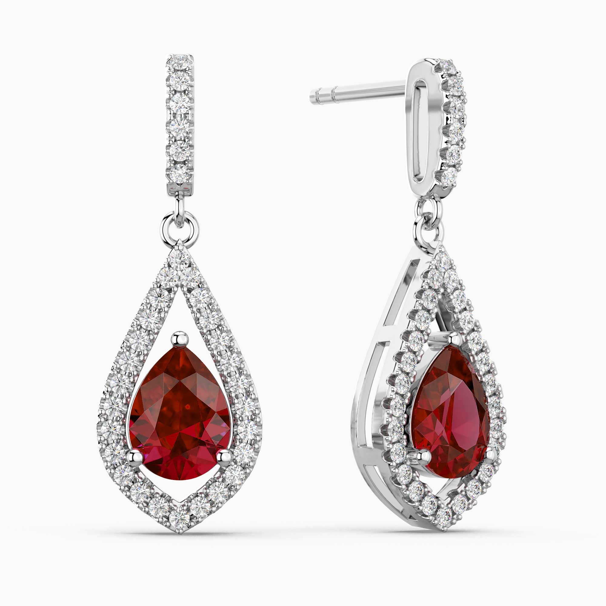Teardrop-shaped earrings with red ruby  gemstones and diamond-like accents on a white background