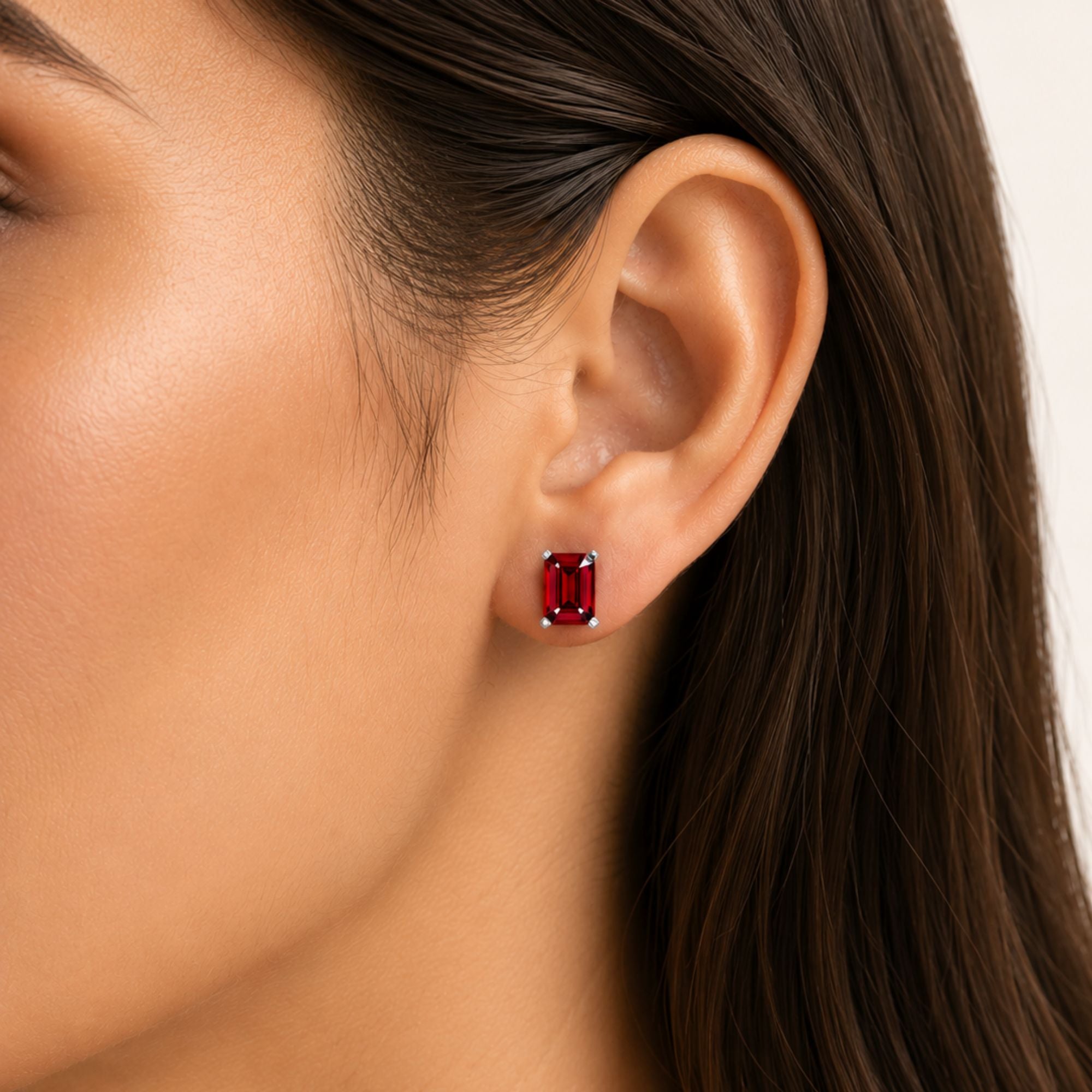 Ruby Emerald Cut Stud Earrings in Sterling Silver | Irosk