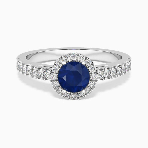 top view photo of sapphire round cut halo ring