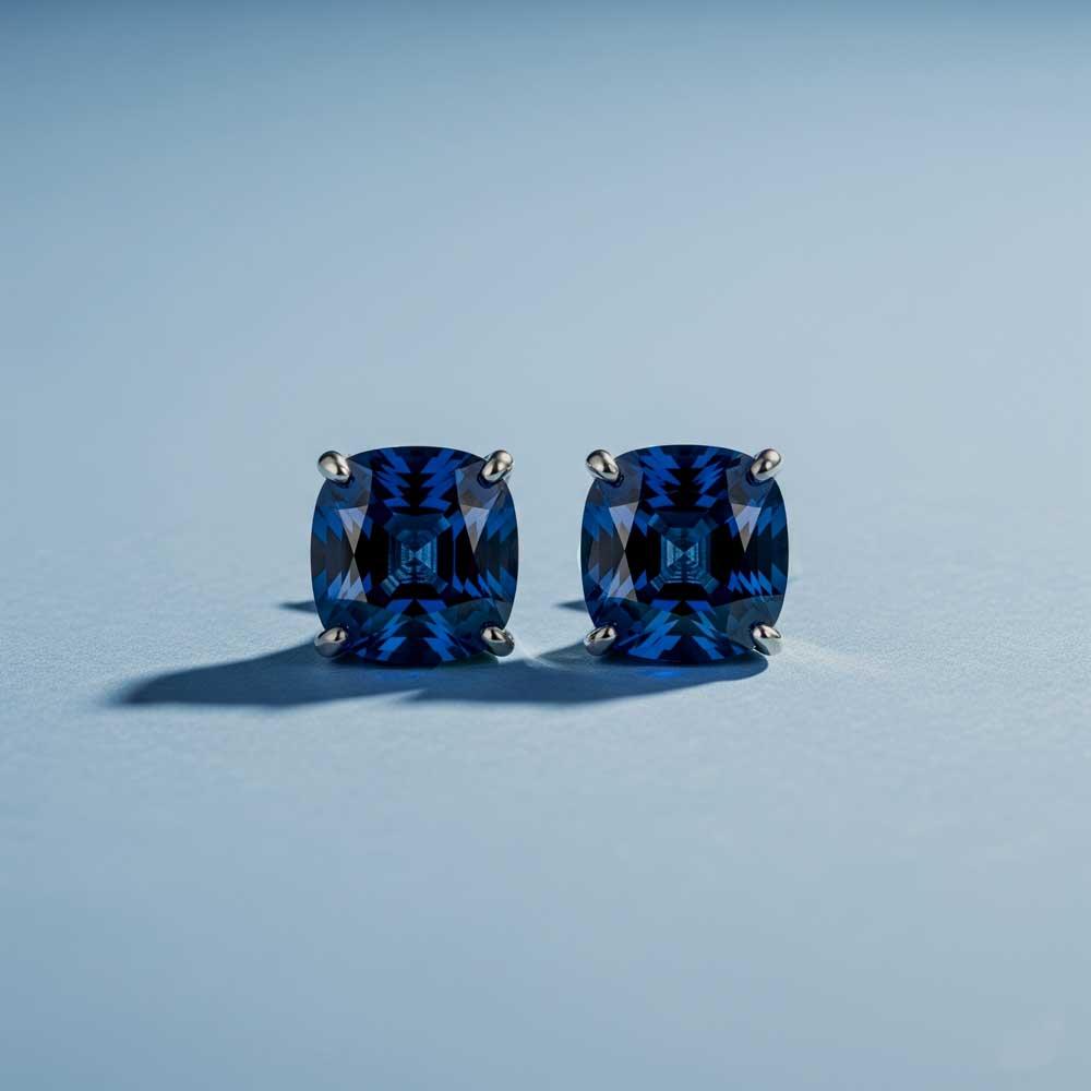 Pair of blue gemstone earrings on a light blue background