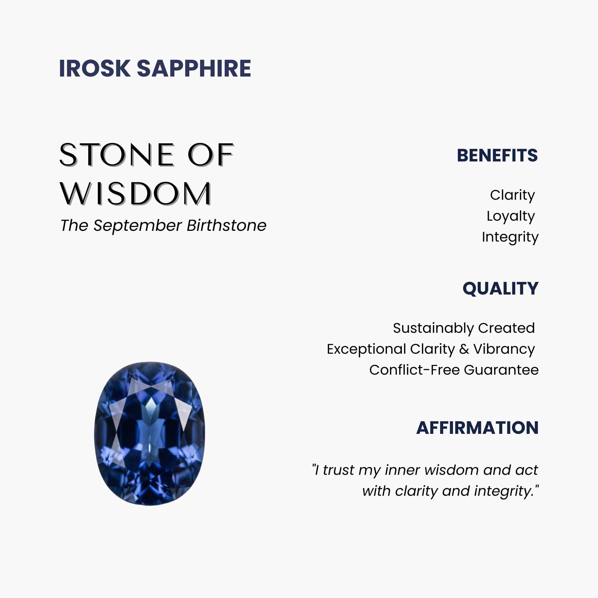 Irosk Sapphire with benefits, quality, and affirmation text on a white background