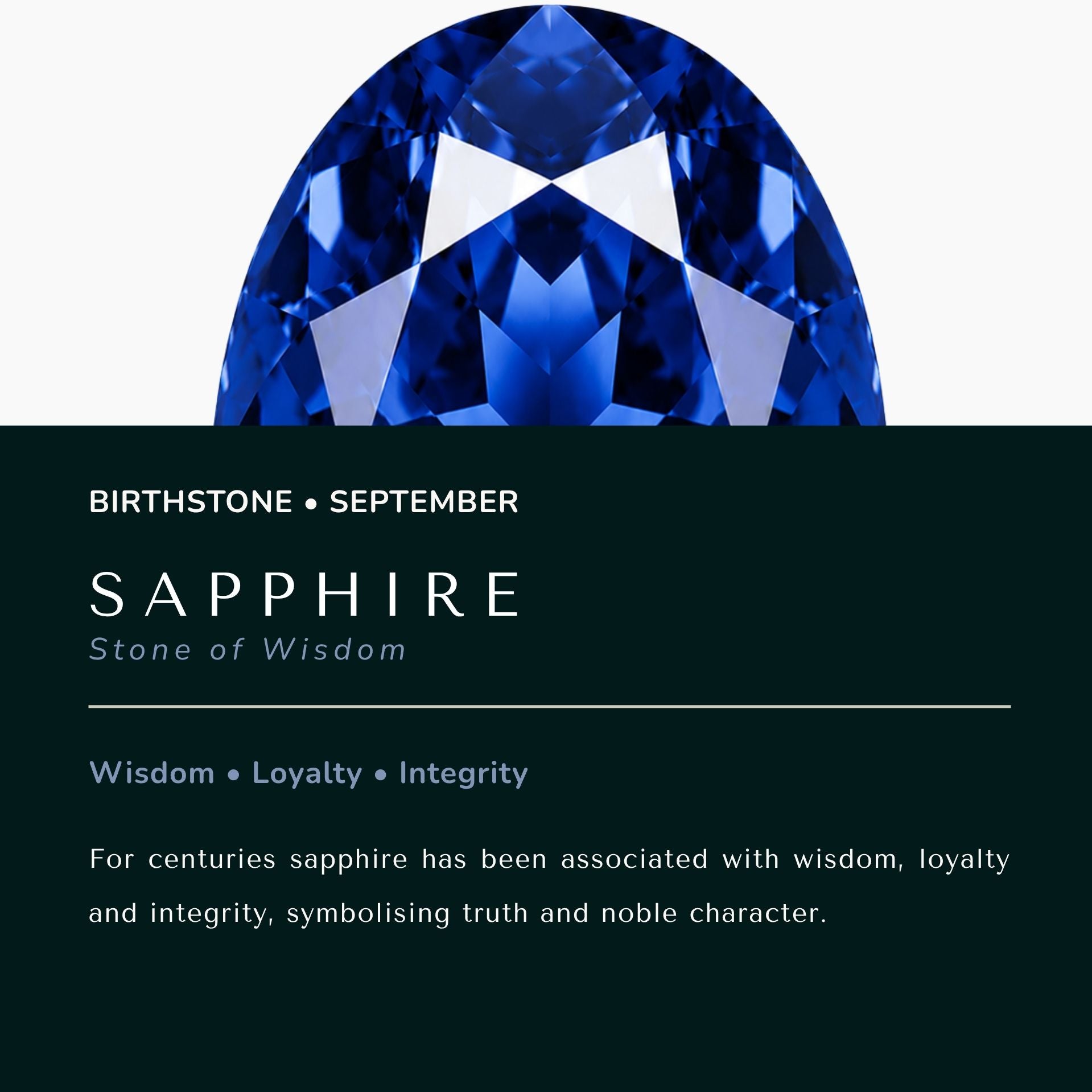A blue sapphire gemstone cut in an oval shape above a dark teal text panel that reads 'BIRTHSTONE • SEPTEMBER', 'SAPPHIRE', 'Stone of Wisdom', and lists symbolic meanings: Wisdom, Loyalty, and Integrity.