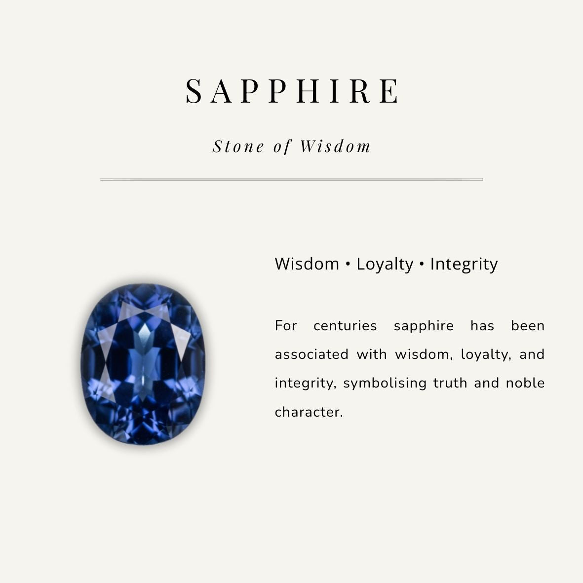 Blue sapphire gemstone with descriptive text on a light gray background