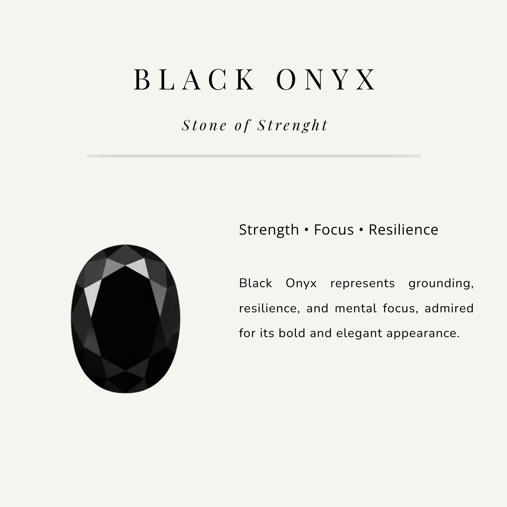 Black onyx stone with descriptive text on a light gray background