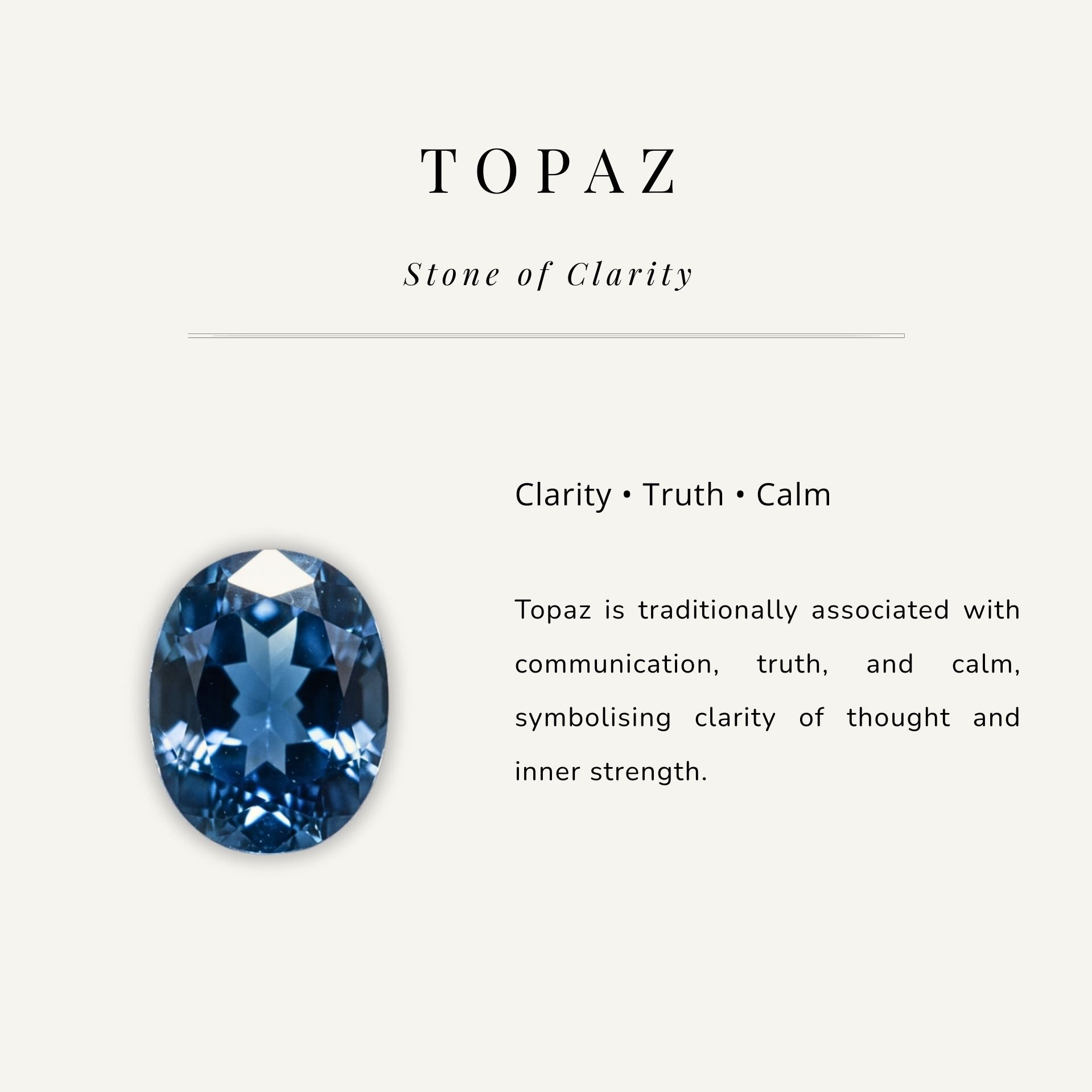 Blue topaz gemstone with descriptive text on a light gray background