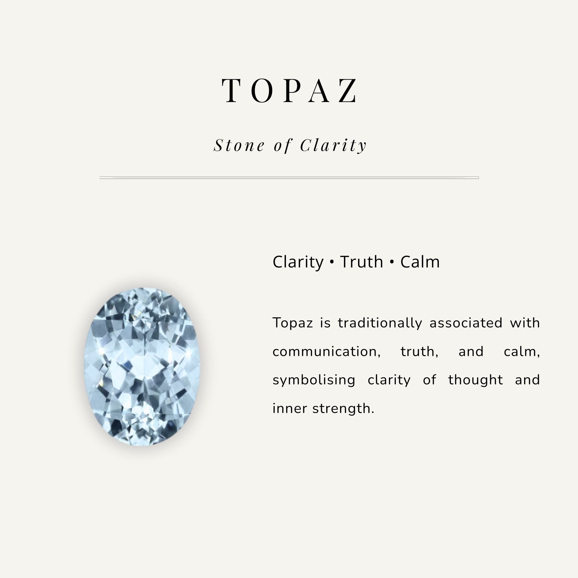 Topaz stone with descriptive text on a light gray background