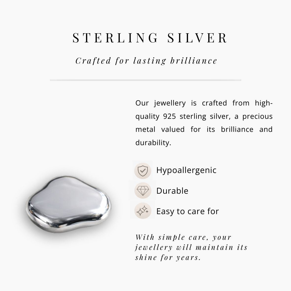 Sterling silver jewelry piece with product details on a white background