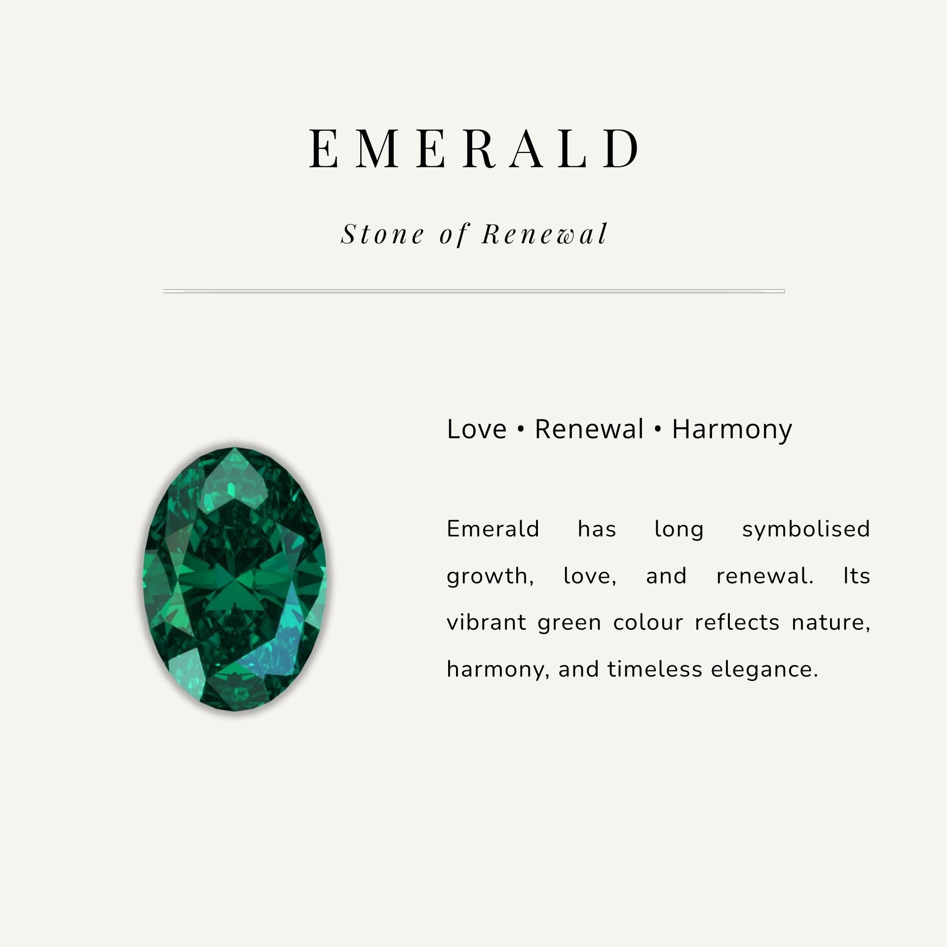 Emerald gemstone with descriptive text on a light gray background