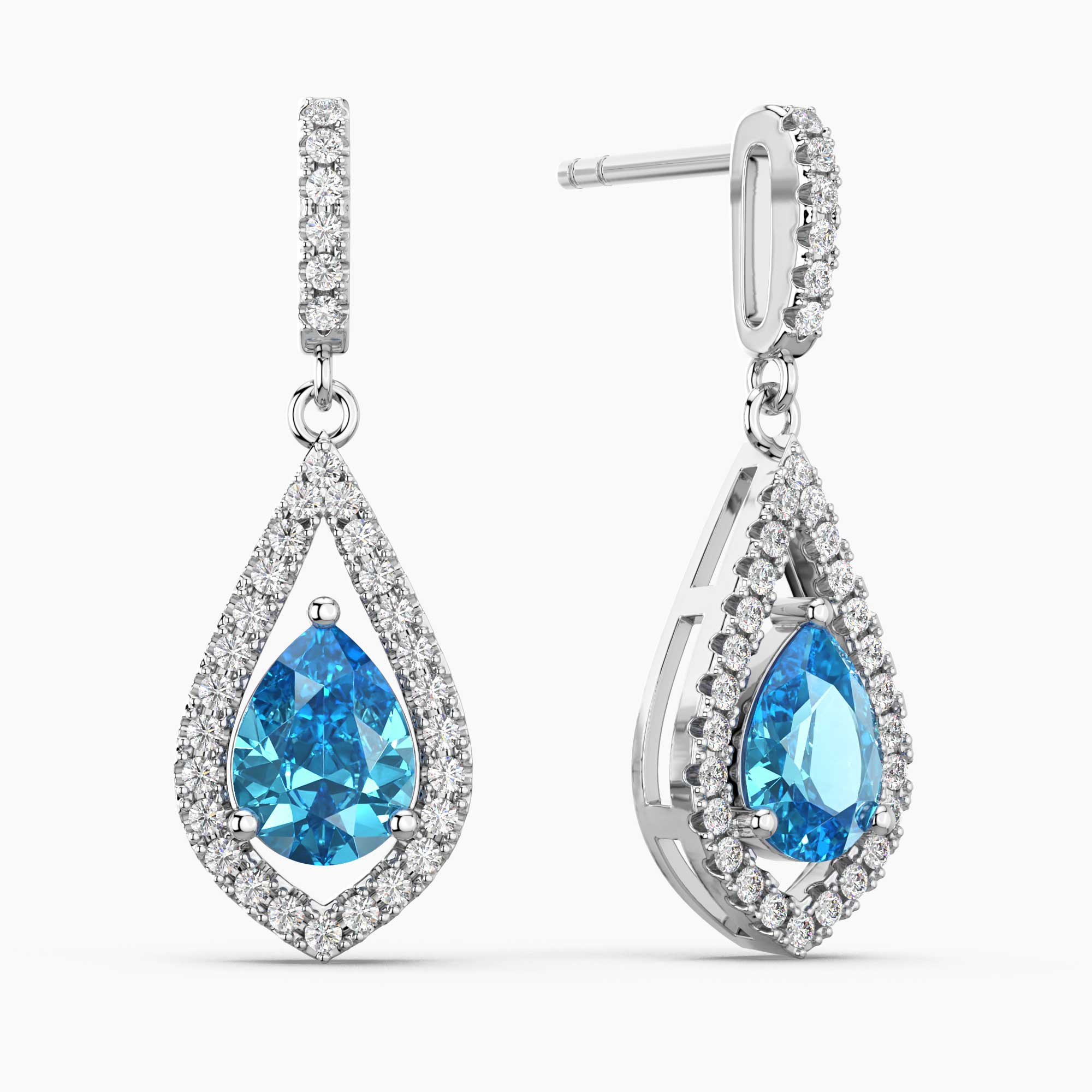 Teardrop-shaped earrings with swiss blue topaz gemstones and clear stones on a white background
