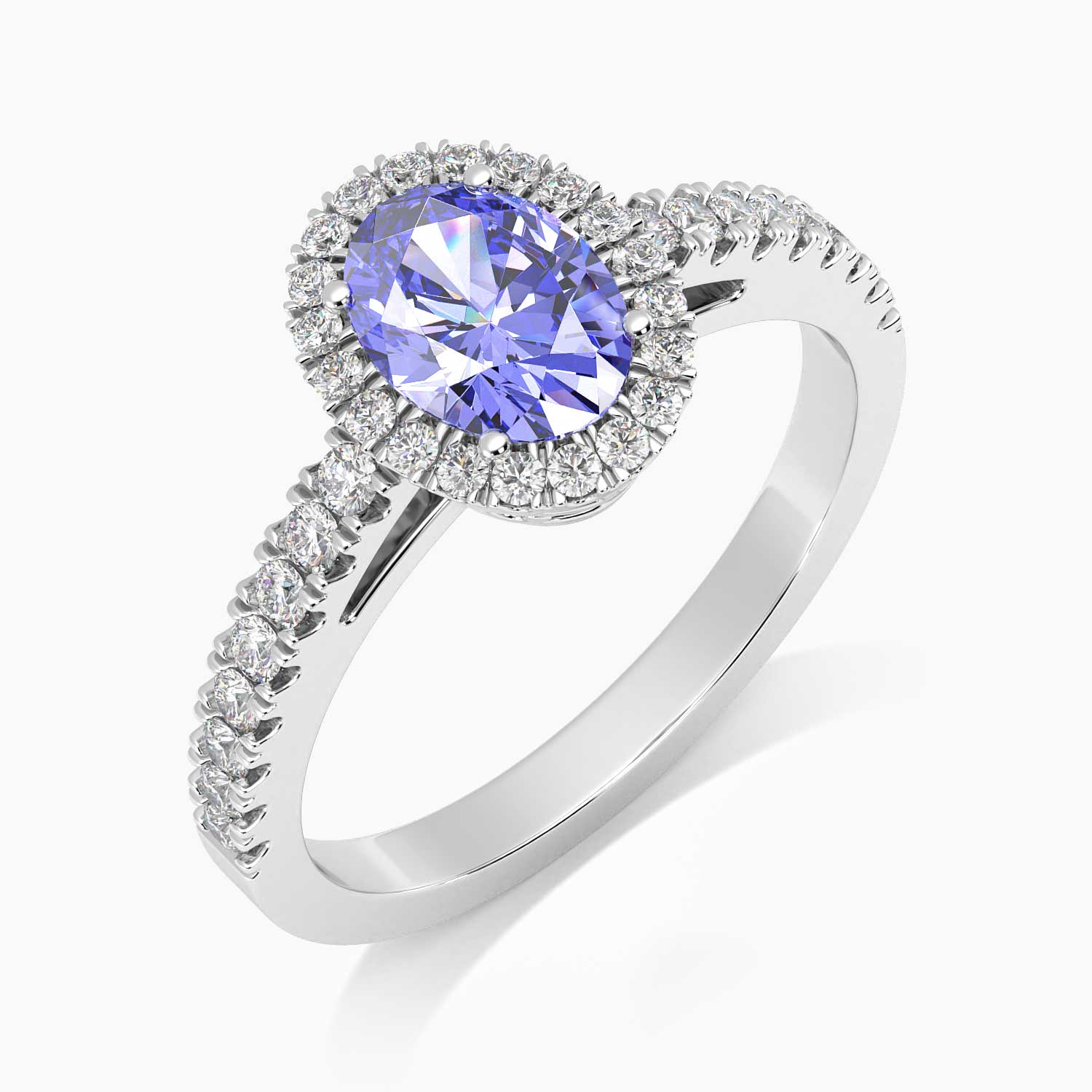 side view of halo tanzanite ring with visible zirconia on the shank