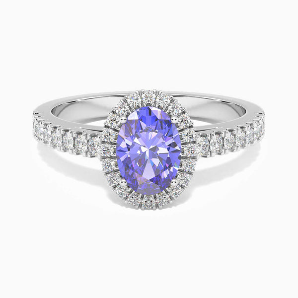 front view of tanzanite oval cut halo ring