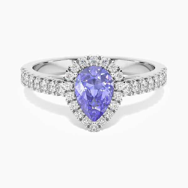 top side view of pear cut tanzanite ring 