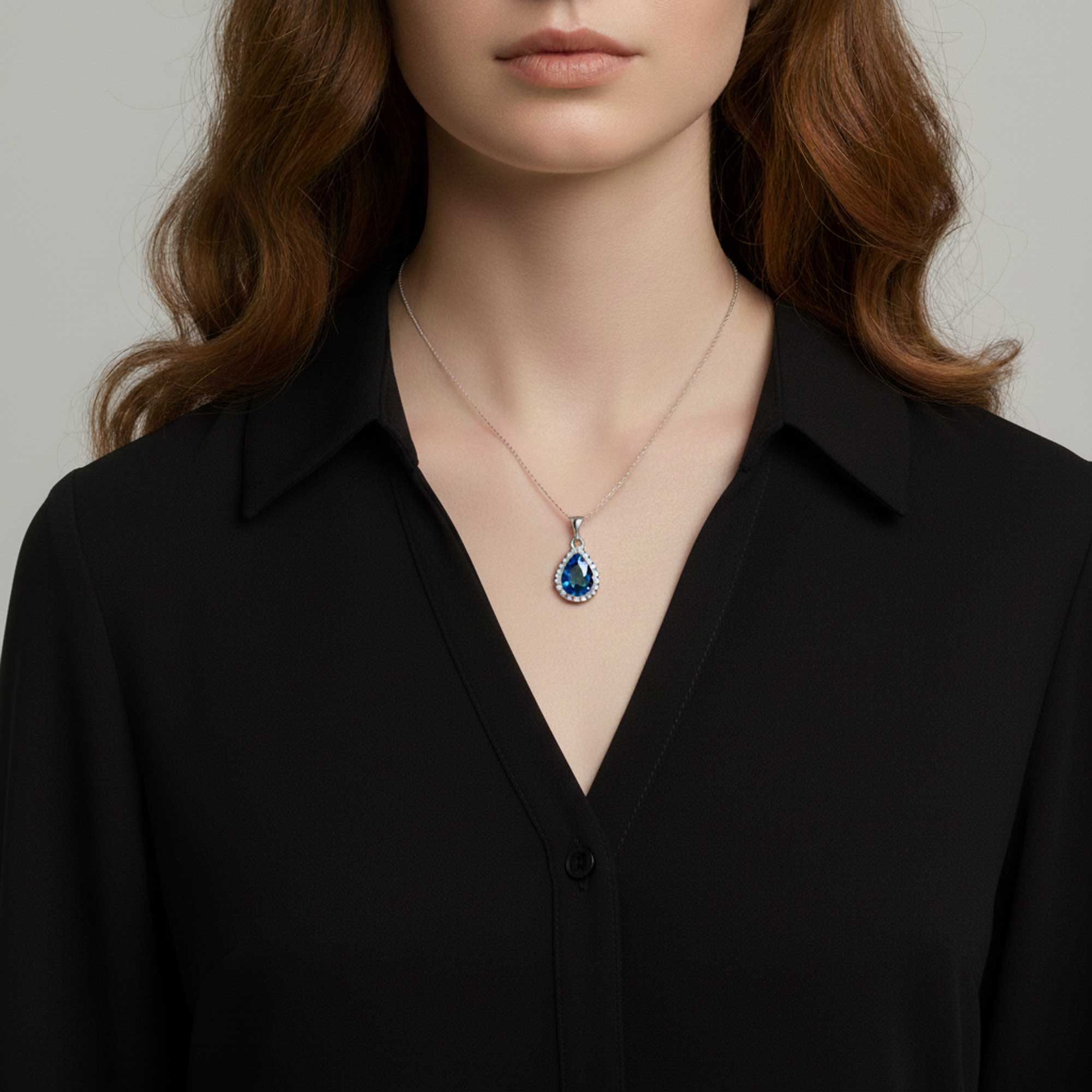Pear Blue Topaz Pendant with Moissanite Halo | Irosk Australia
