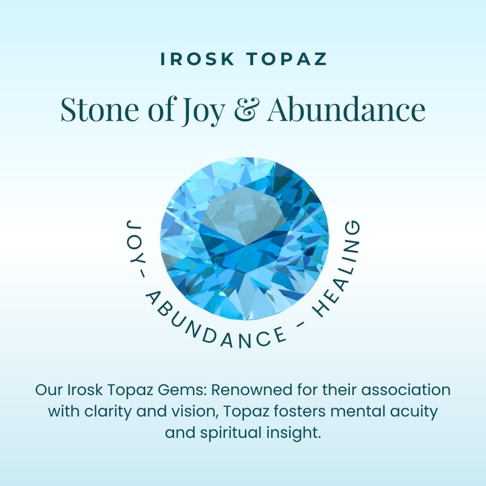 Text describing properties of Swiss blue topaz: joy, abundance, and healing