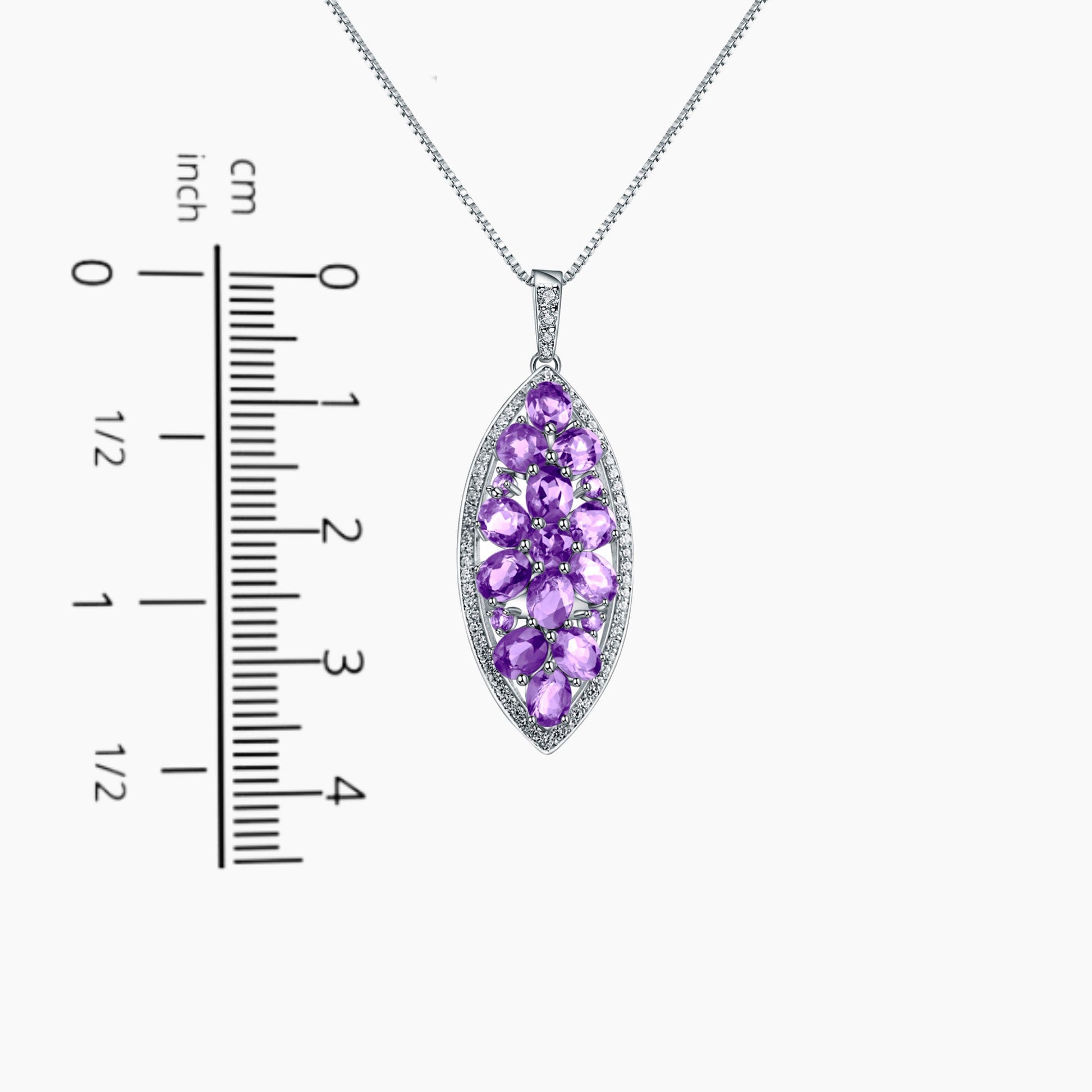 Amethyst Twilight Necklace displayed on a scale to accurately represent its size and dimensions.