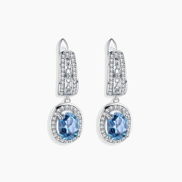 Front photo view of Oval Cut Dangling Earrings with Halo