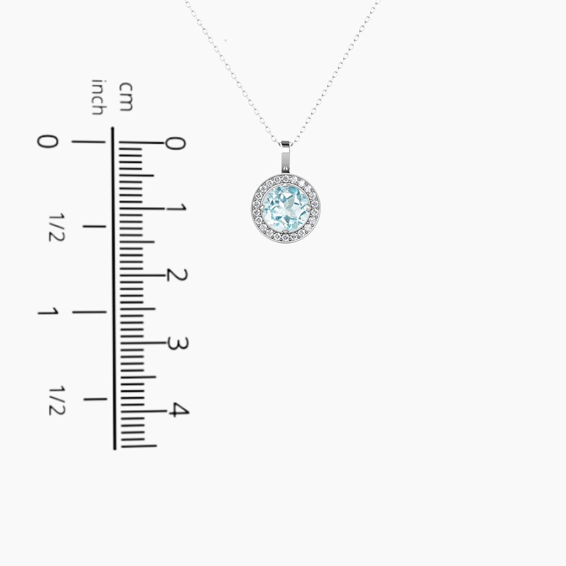Irosk Round Topaz Pendant with Halo displayed next to a scale for size comparison