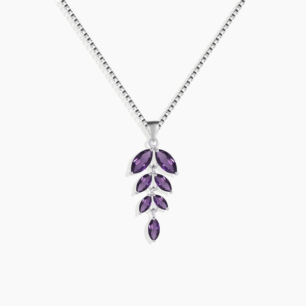 front view photo of amethyst marquise cut leaf pendant necklace in sterling silver