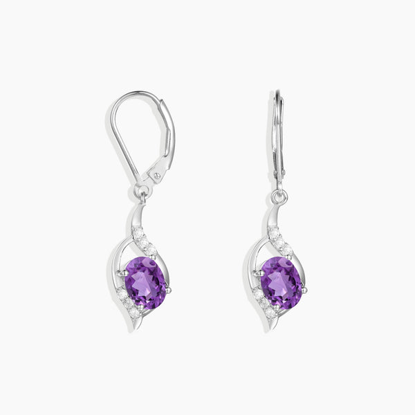 Front view of Stylish Amethyst Thea Earrings, showcasing dangling oval-shaped amethyst stones, crafted in sterling silver for a sleek and modern aesthetic.