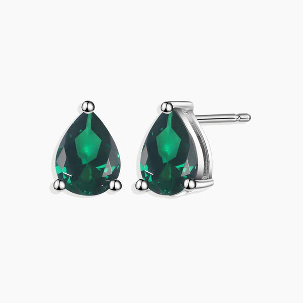 Front view of silver emerald pear cut stud earrings