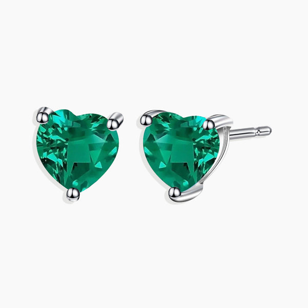 Front view of silver emerald simple heart shape stud earrings