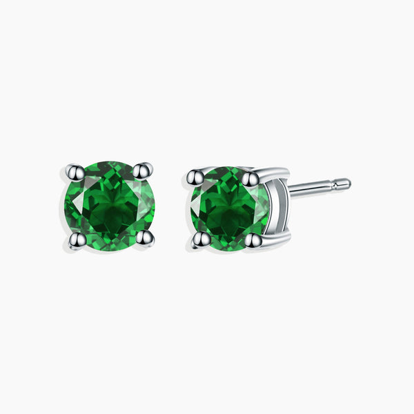 Front view of silver emerald round cut stud earrings