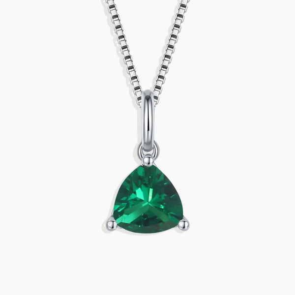 Front view of silver trillion cut emerald pendant