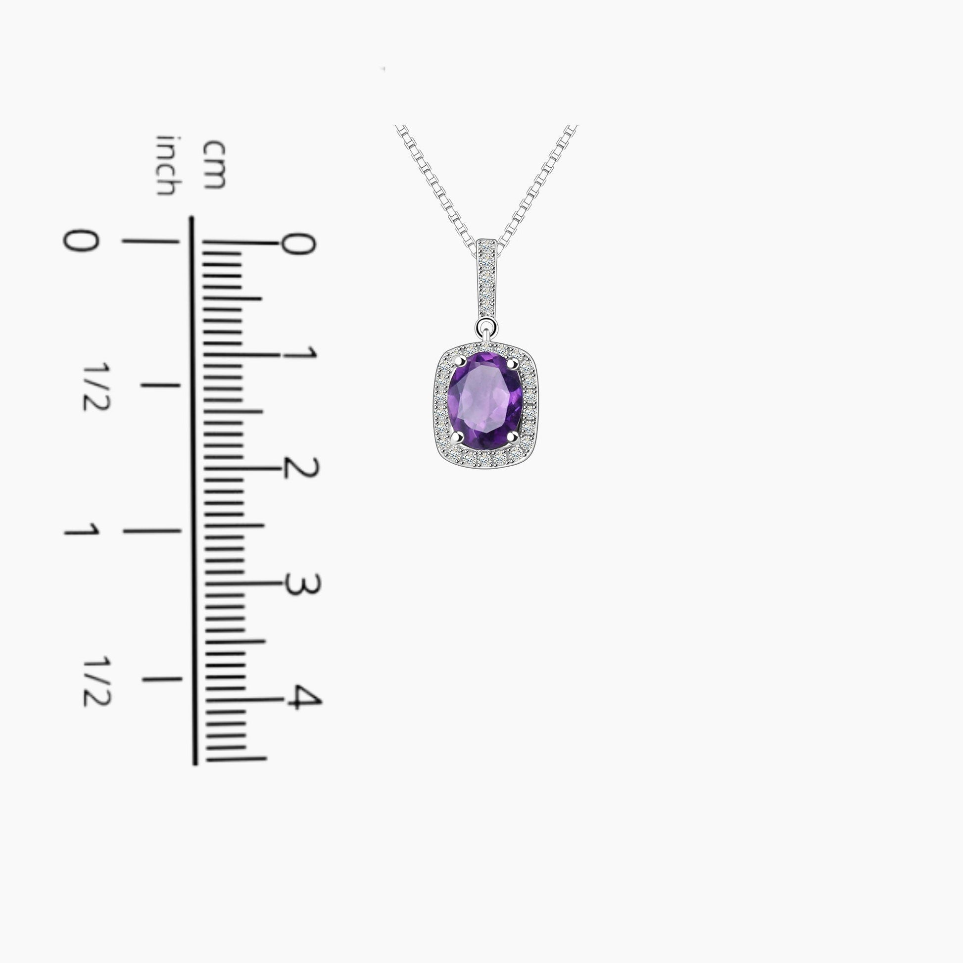 Cushion Cut Amethyst & CZ Pendant displayed on a scale to accurately represent its size and dimensions.