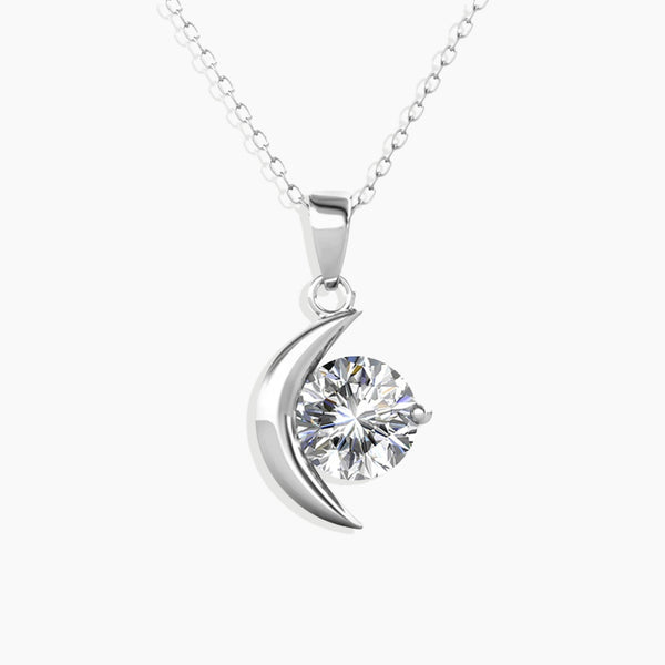 Front view of the Enchanting Moissanite Half Moon Crescent Pendant Necklace, showcasing the mesmerizing half moon crescent pendant adorned with dazzling moissanite stones, crafted from sterling silver.